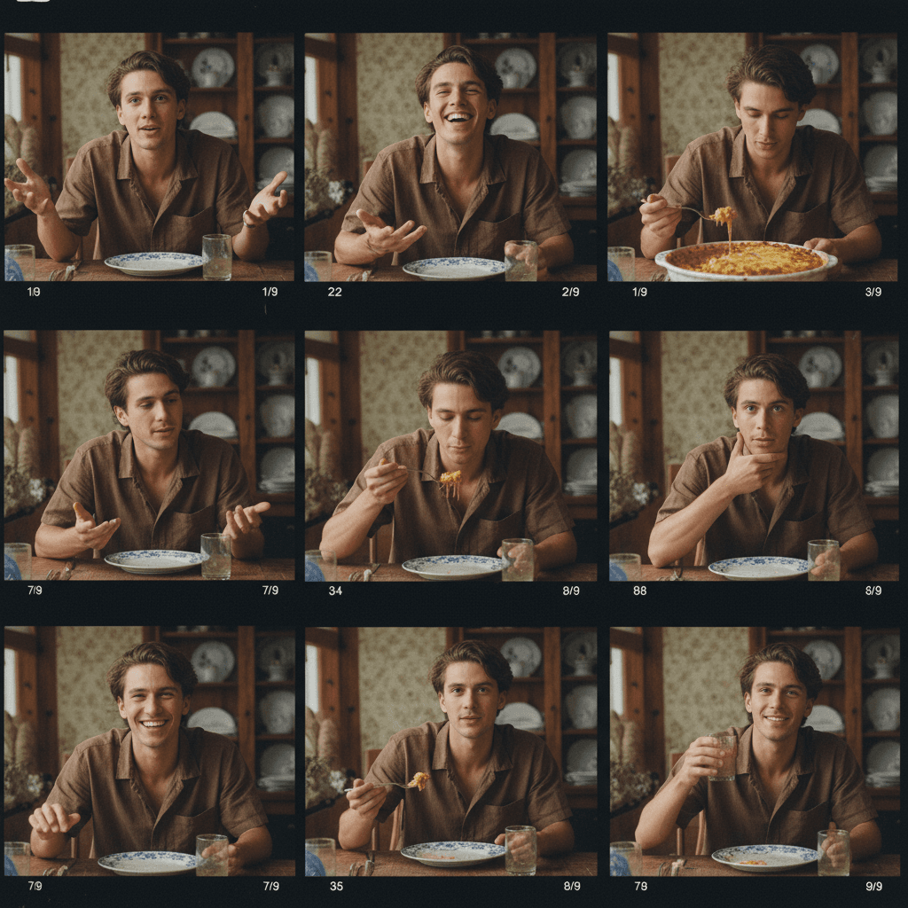 Gemini Image Prompt for photograph, app: A nine-frame storyboard contact sheet, arranged in a 3x3 mat...