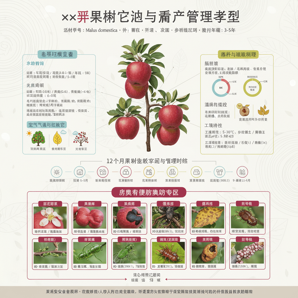 Gemini Image Prompt for other: 科普展板设计 | 3:4 纵向布局 | 博物馆级别信息可视化 【核心标题】 「××果树栽培与丰产管理手册」 字体风格:思...