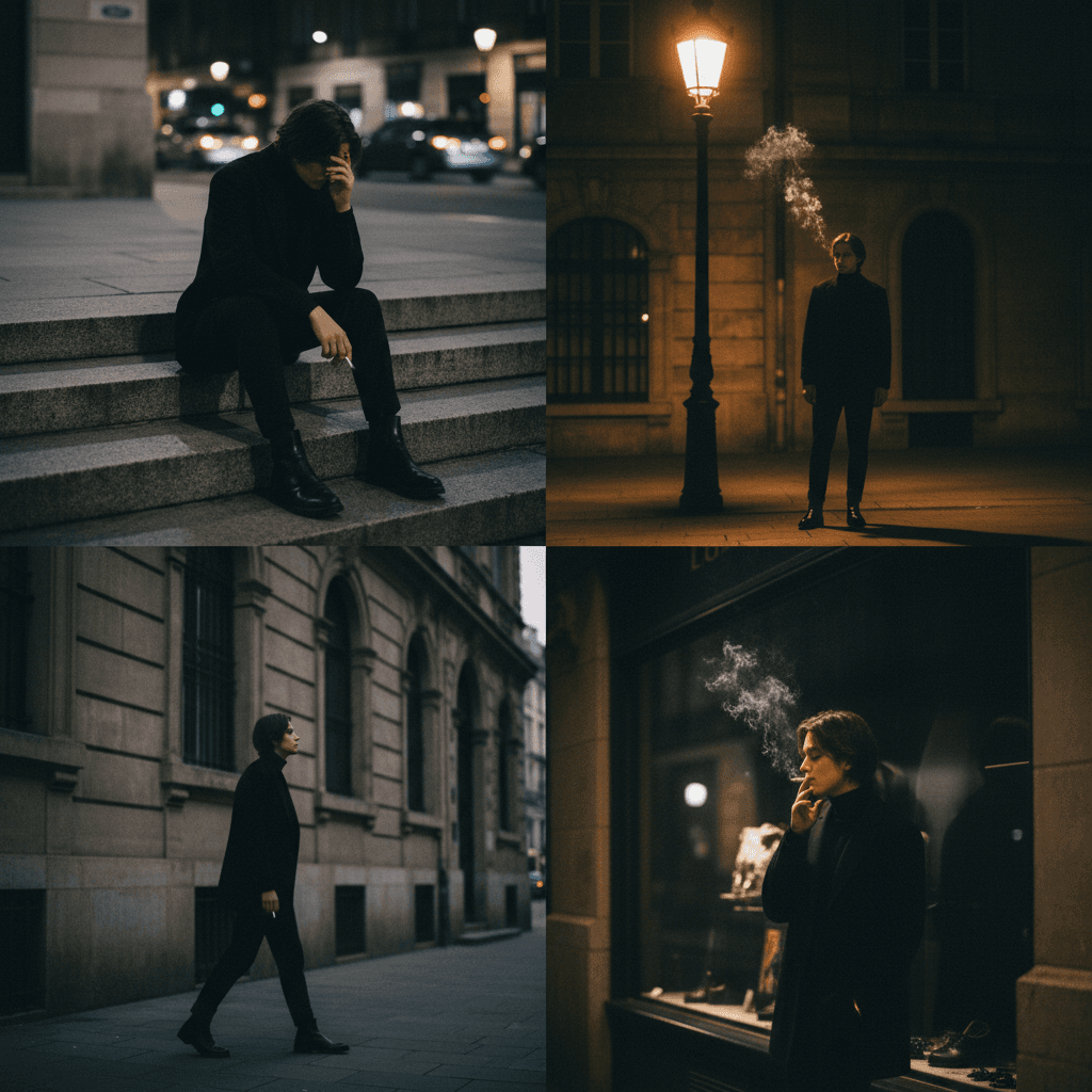 Gemini Image Prompt for other: A cinematic four-panel photographic arrangement depicting a...