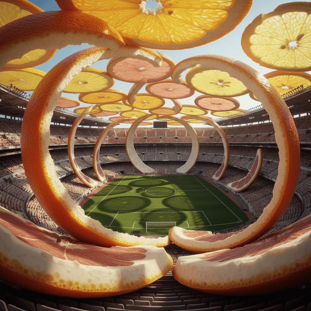Gemini Image Prompt for other, 3d: iconic Spanish Football Arena::3 Form: Deconstructed citrus...