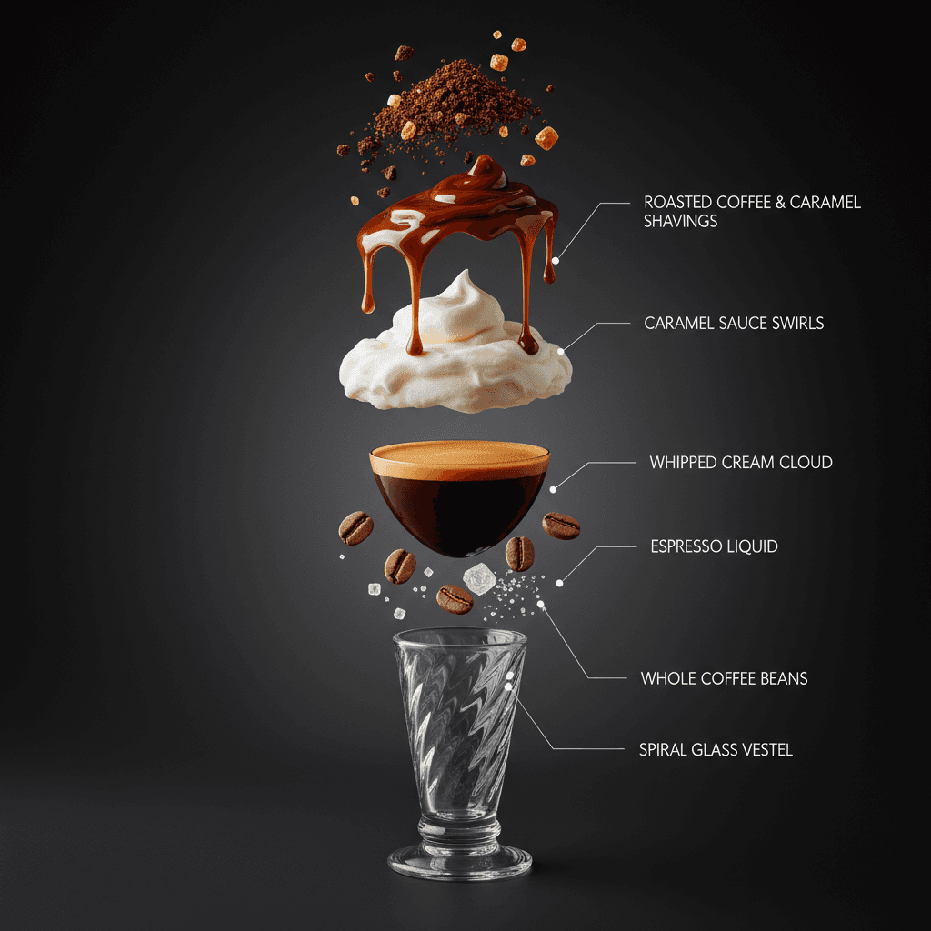 Gemini Image Prompt for json, food, product: “subject”: “意式浓缩与焦糖风味的超写实垂直爆炸分解图”, “layout”: “中心垂直排列,各构成元素独...