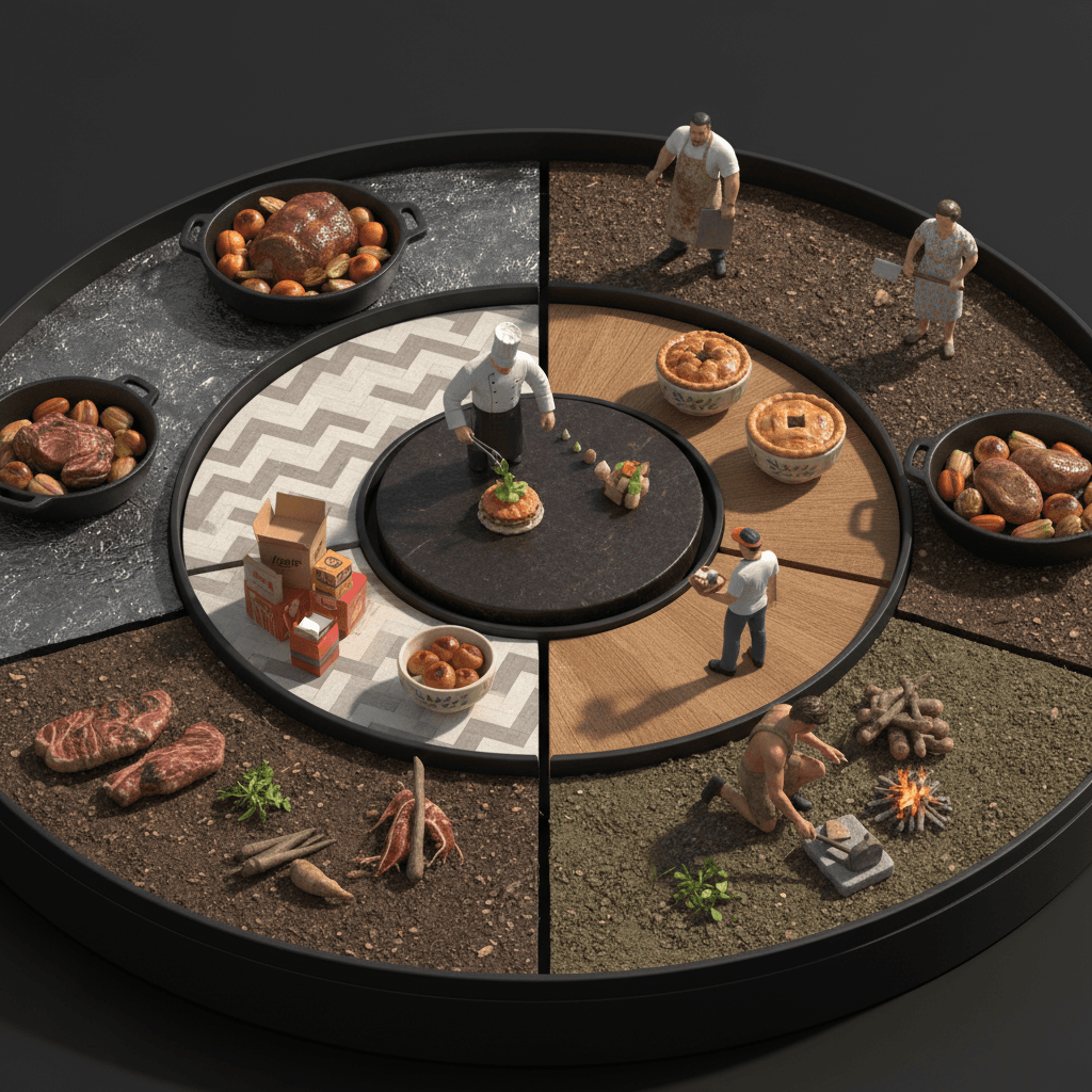 Gemini Image Prompt for 3d: Generate a photorealistic, elevated viewpoint Culinary Evolu...