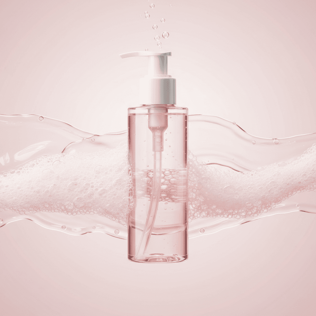Gemini Image Prompt for product: Luxury cosmetic advertisement aesthetic. A slender, see-thro...