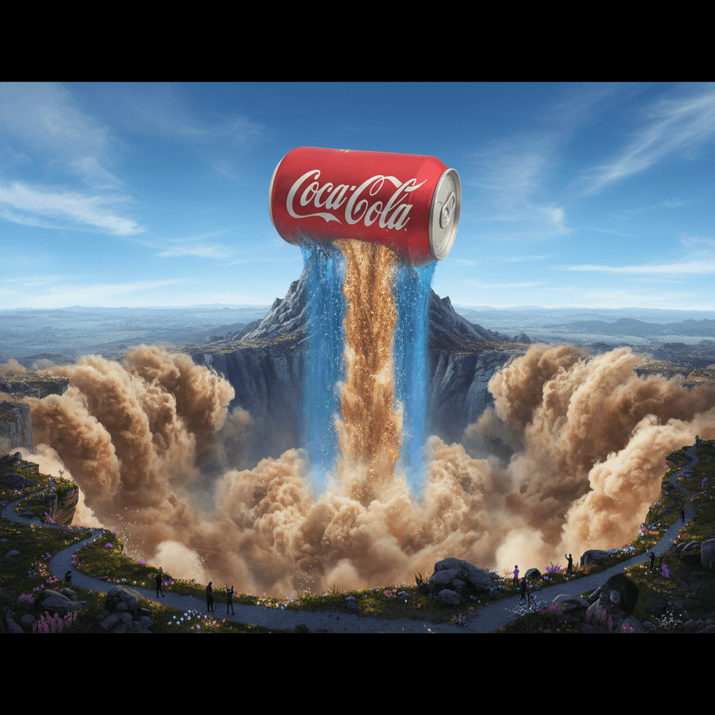 Gemini Image Prompt for product: An epic, dreamlike vista featuring a colossal Coca-Cola cont...