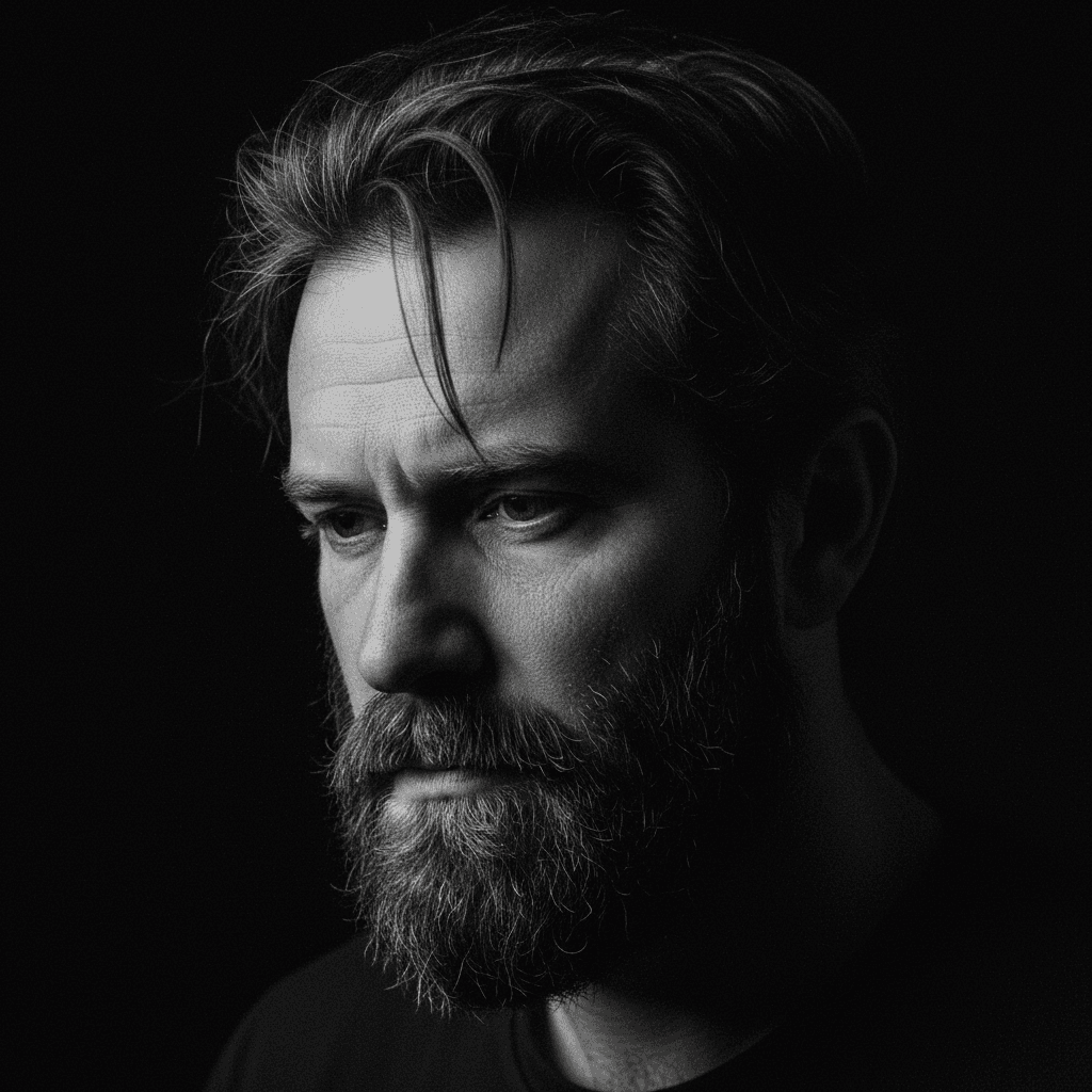 Gemini Image Prompt for other, photograph: A stark monochrome headshot, utilizing the provided facial l...