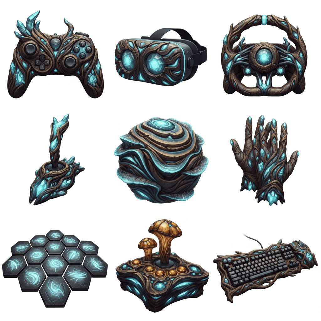 Gemini Image Prompt for 3d: Compile a curated selection of video game input devices, uni...