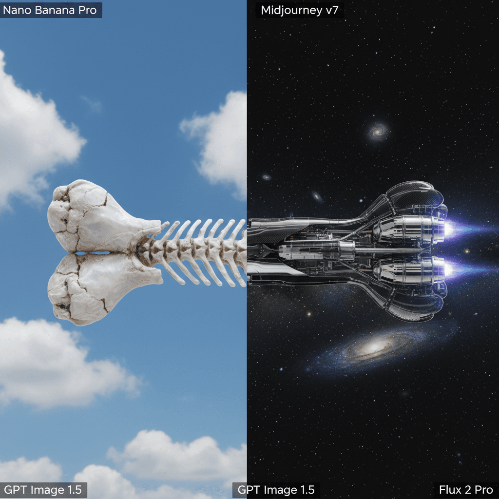 Gemini Image Prompt for photograph, app: Who achieved superior results? Upper left quadrant: Nano Ba...