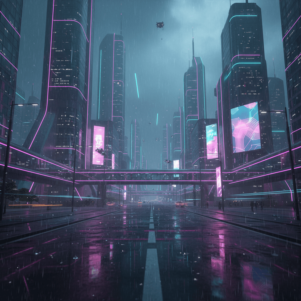 Gemini Image Prompt for json, 3d: A nighttime urban thoroughfare in a technologically advanced...