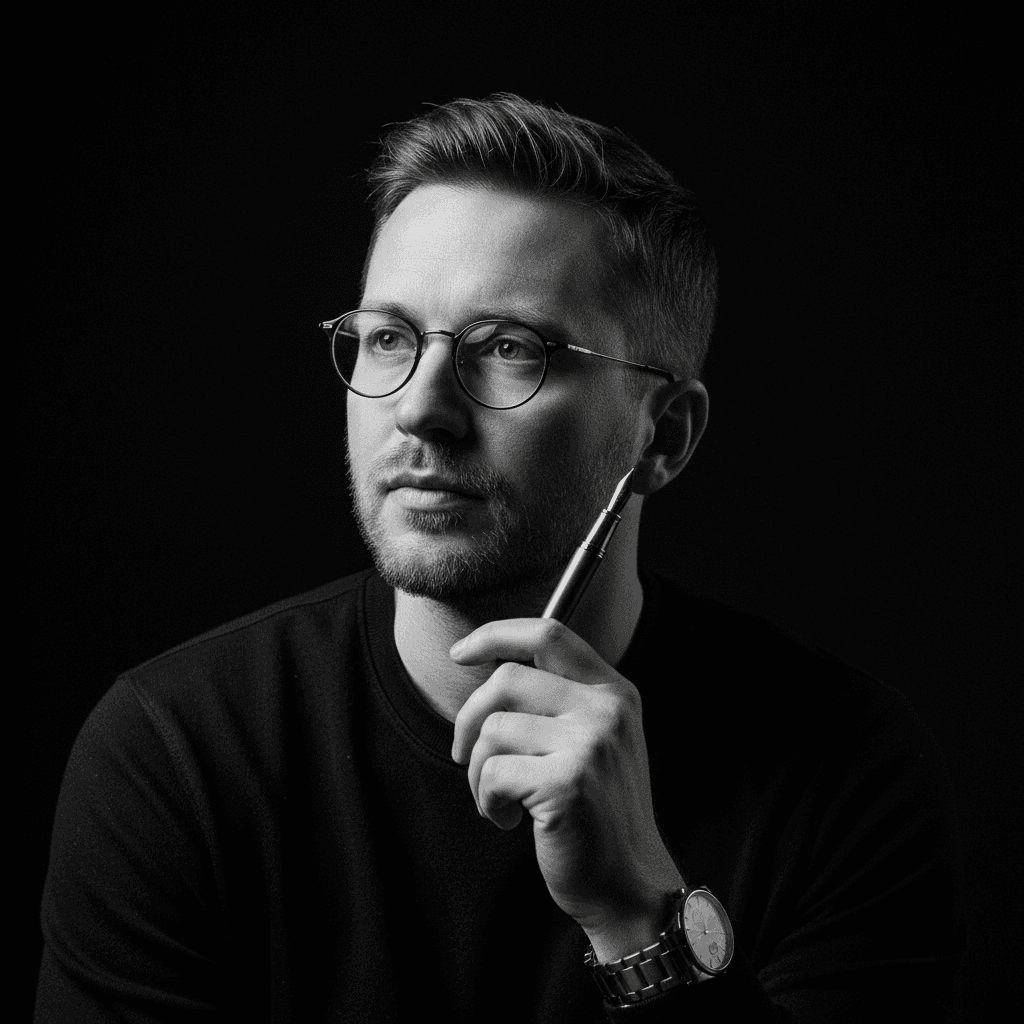 Gemini Image Prompt for photograph: A striking monochrome studio headshot of a pensive gentleman...