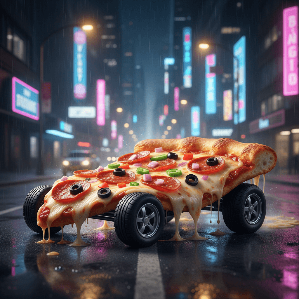 Gemini Image Prompt for food: A surreal slice of pizza transmuted into an automobile. Real...
