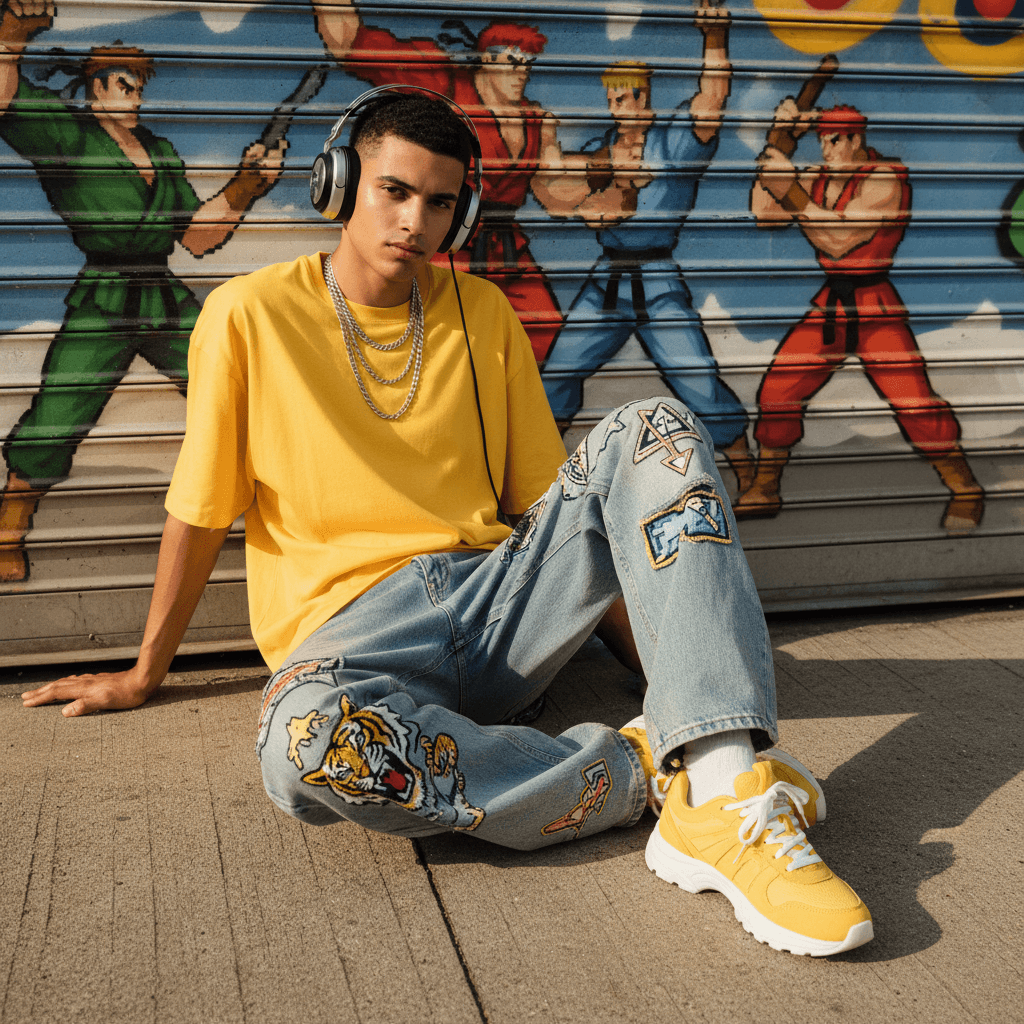 Gemini Image Prompt for other: Sun-drenched city fashion shot of a cool adolescent male lou...