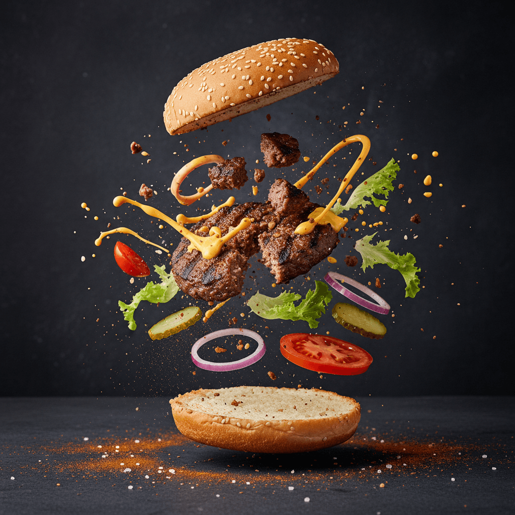 Gemini Image Prompt for food, photograph, app: Exploding edible items in a professional photographic style,...