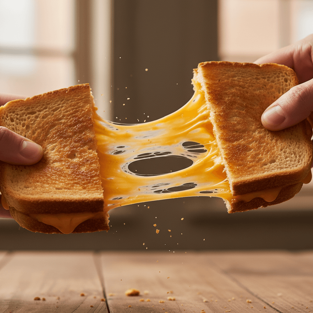 Gemini Image Prompt for food: two hands separating a toasted cheese sandwich, filaments of...