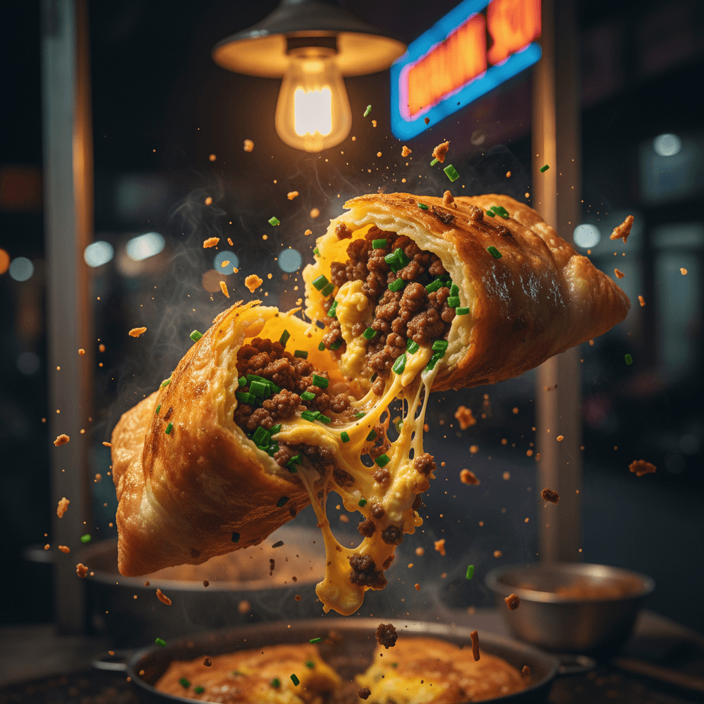 Gemini Image Prompt for food, app: Close-up food imaging of a crackling martabak telur, bisecte...