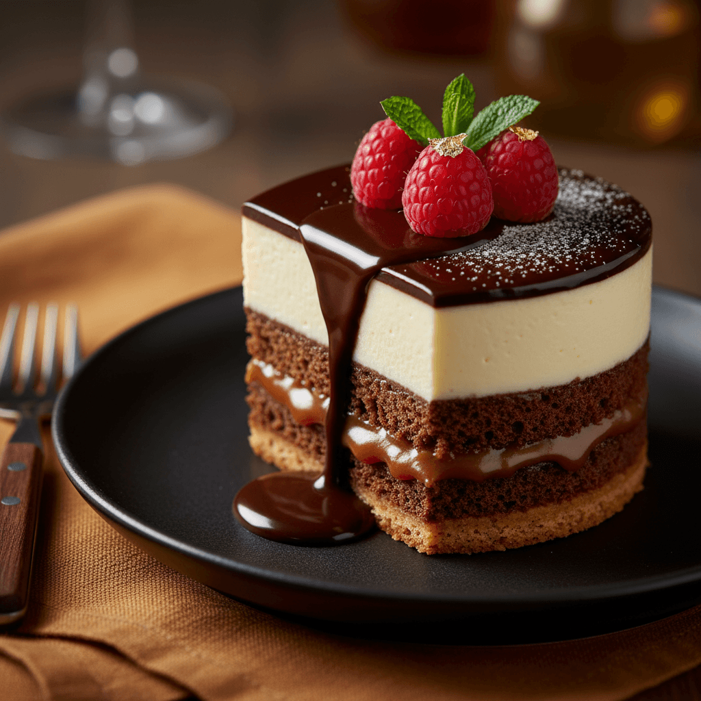 Gemini Image Prompt for json, food, app: description:artisan plated confection with lavish textures,t...