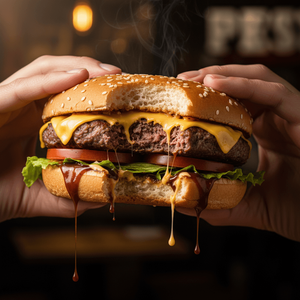 Gemini Image Prompt for json, food, app: description:generous gourmet burger in the process of being...