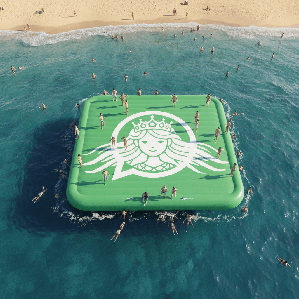 Gemini Image Prompt for json, 3d: gigantic colossal buoyant WhatsApp emblem adrift on the sea...