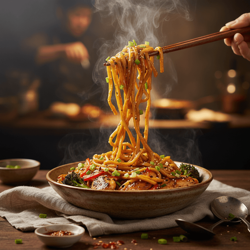 Gemini Image Prompt for json, food: description:perfectly cooked noodles showcasing exquisite te...