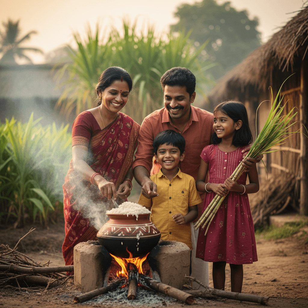Gemini Image Prompt for json: A hyperrealistic, unscripted snapshot of a Pongal festival o...