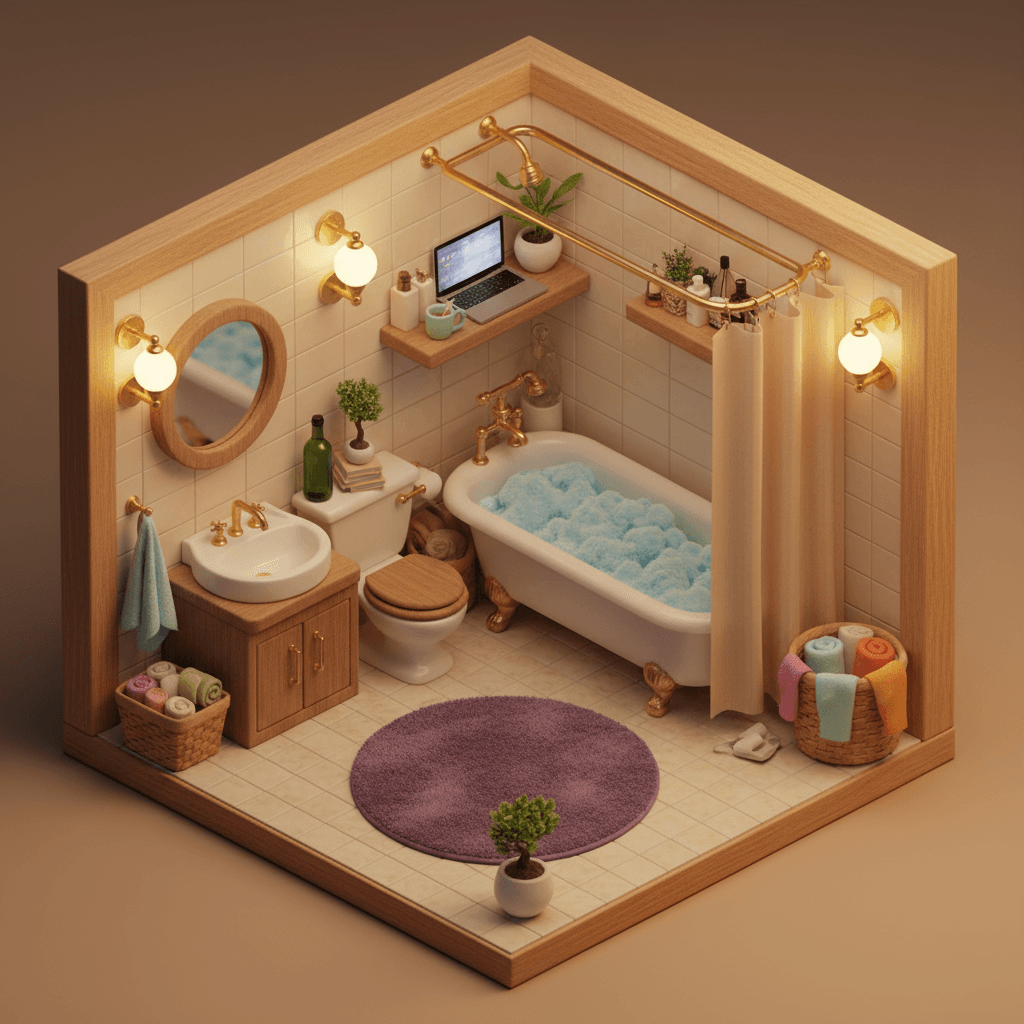Gemini Image Prompt for json, 3d: adorable snug isometric 3D micro-bathroom tableau, inviting...