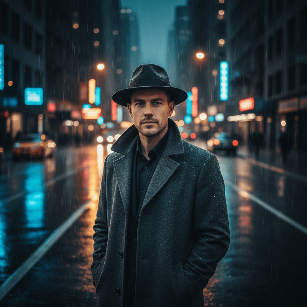 Gemini Image Prompt for photograph: An atmospheric, cinematic night street photograph capturing...