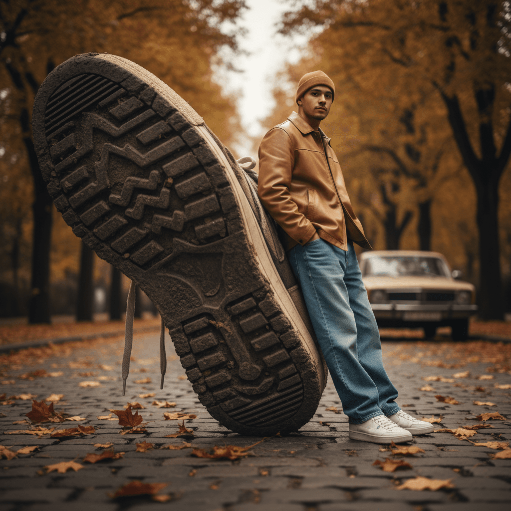 Gemini Image Prompt for photograph: A cinematic street photograph utilizing forced perspective,...