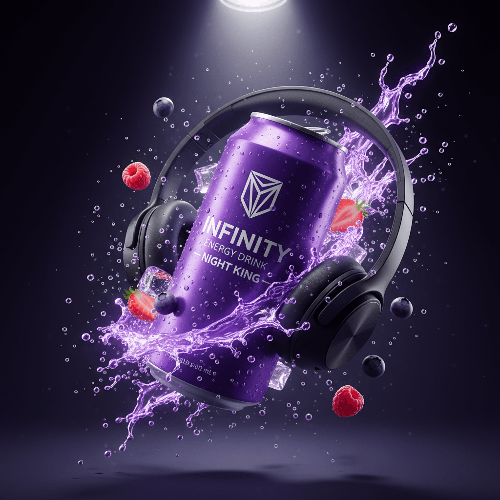 Gemini Image Prompt for product: - Epic, cinematic product visualization of a violet energy b...