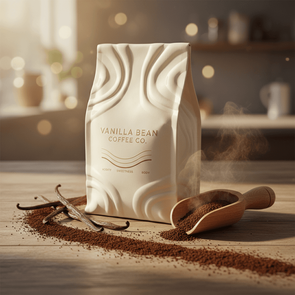 Gemini Image Prompt for product, 3d: Artisanal ground coffee, infused with natural Madagascar van...