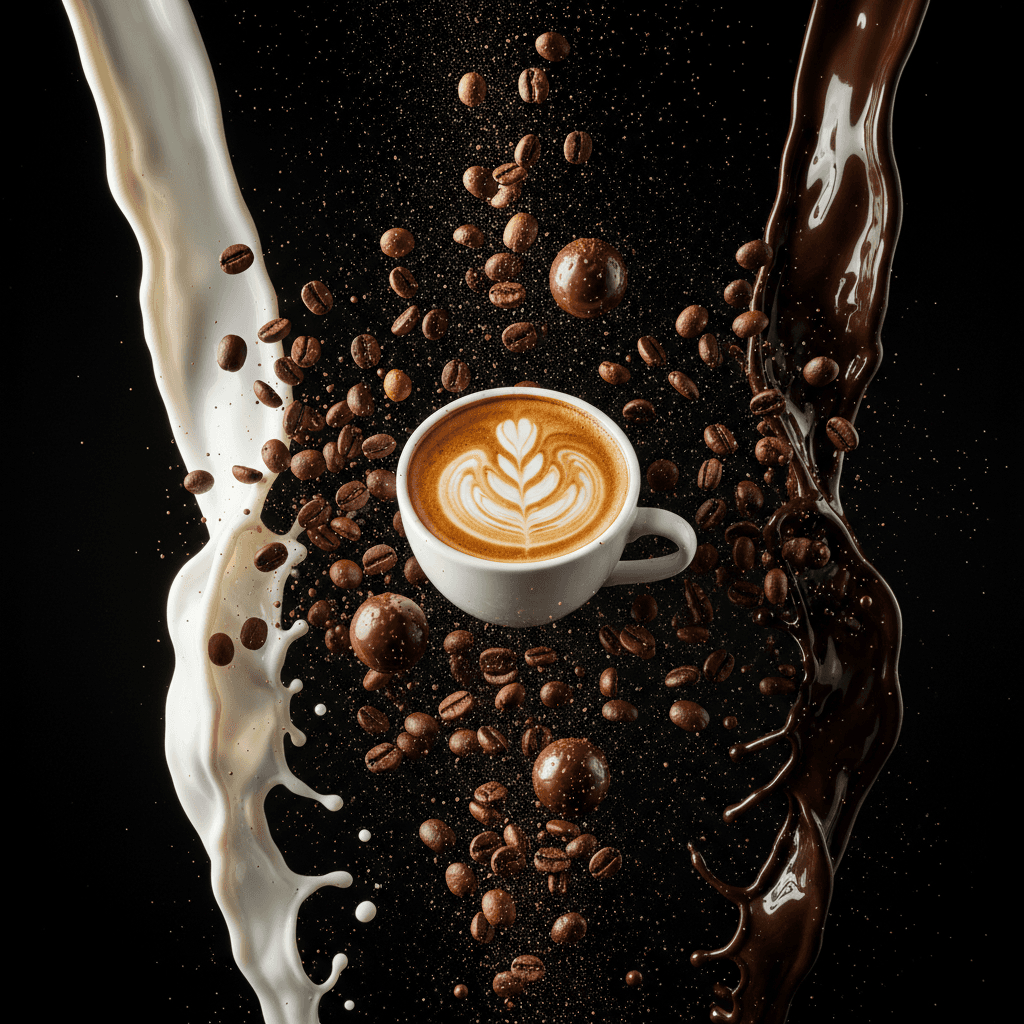 Gemini Image Prompt for json, food, 3d: main_elements:tumbling roasted coffee legumes,drifting choco...
