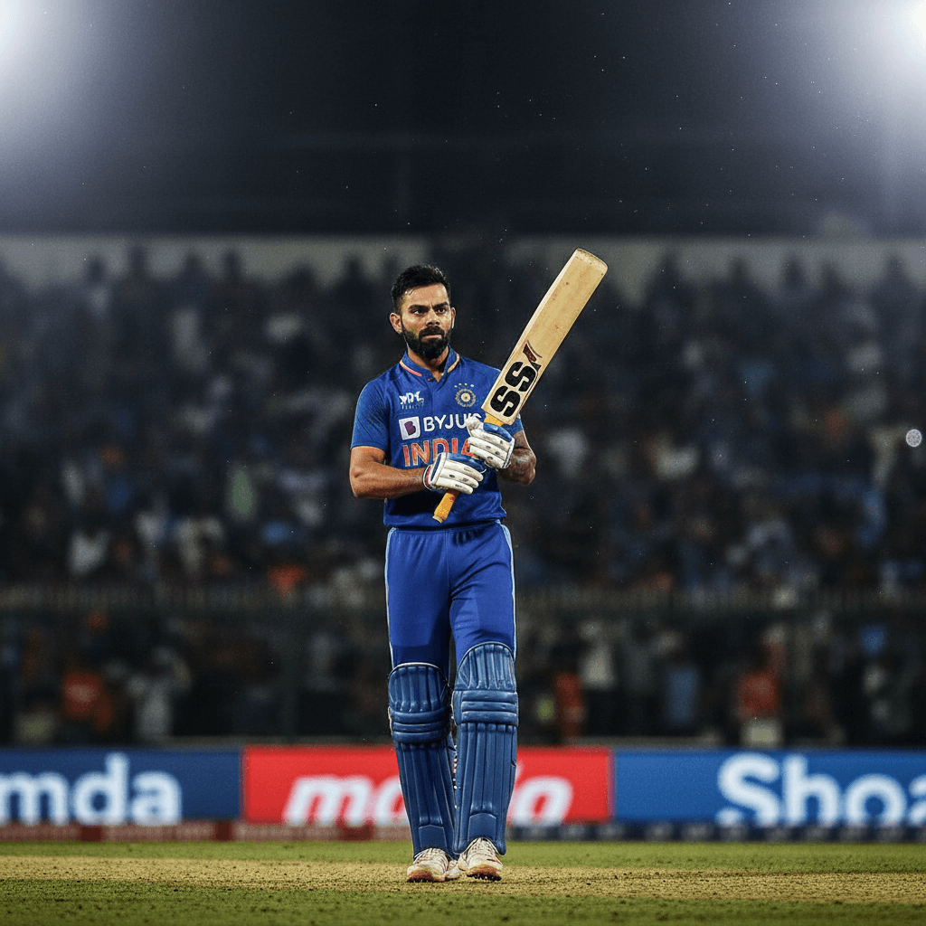 Gemini Image Prompt for photograph: A lifelike depiction of cricketer Virat Kohli, exuding self-...