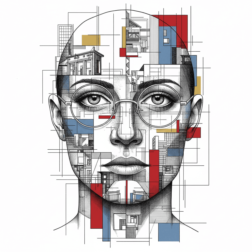 Gemini Image Prompt for json: Highly intricate stylized depiction of a face, utilizing a p...