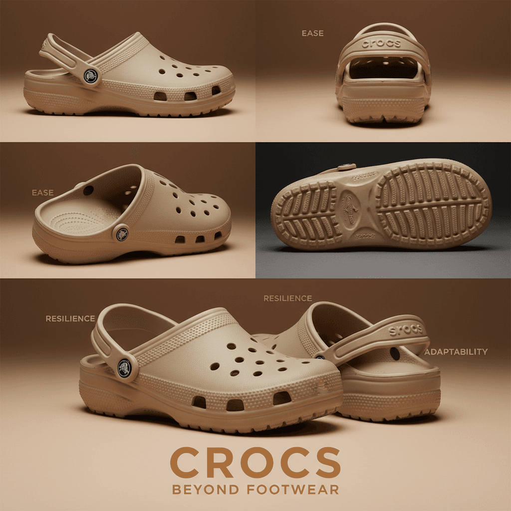 Gemini Image Prompt for product: Multi-image marketing display showcasing beige/tan Crocs clo...
