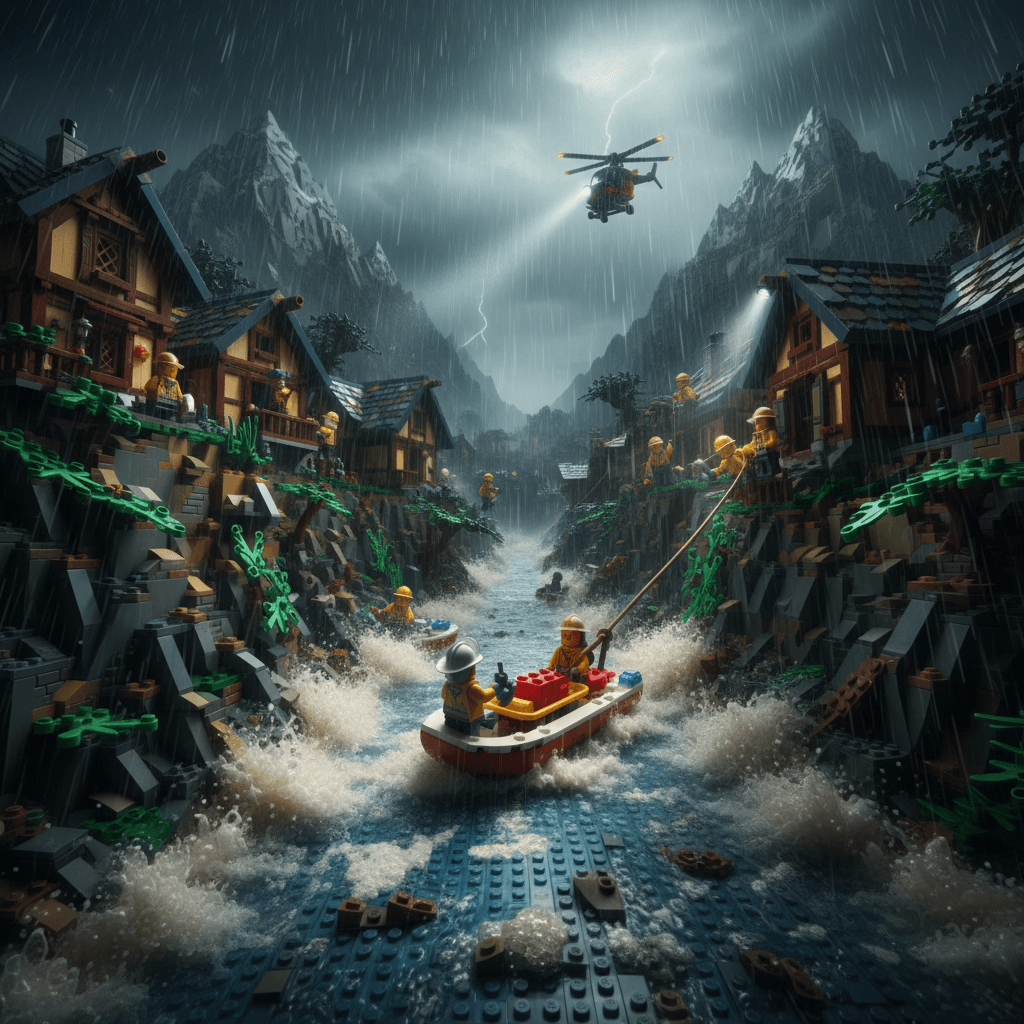 Gemini Image Prompt for other, 3d: A dramatic cinematic scene depicting a LEGO mountain village...