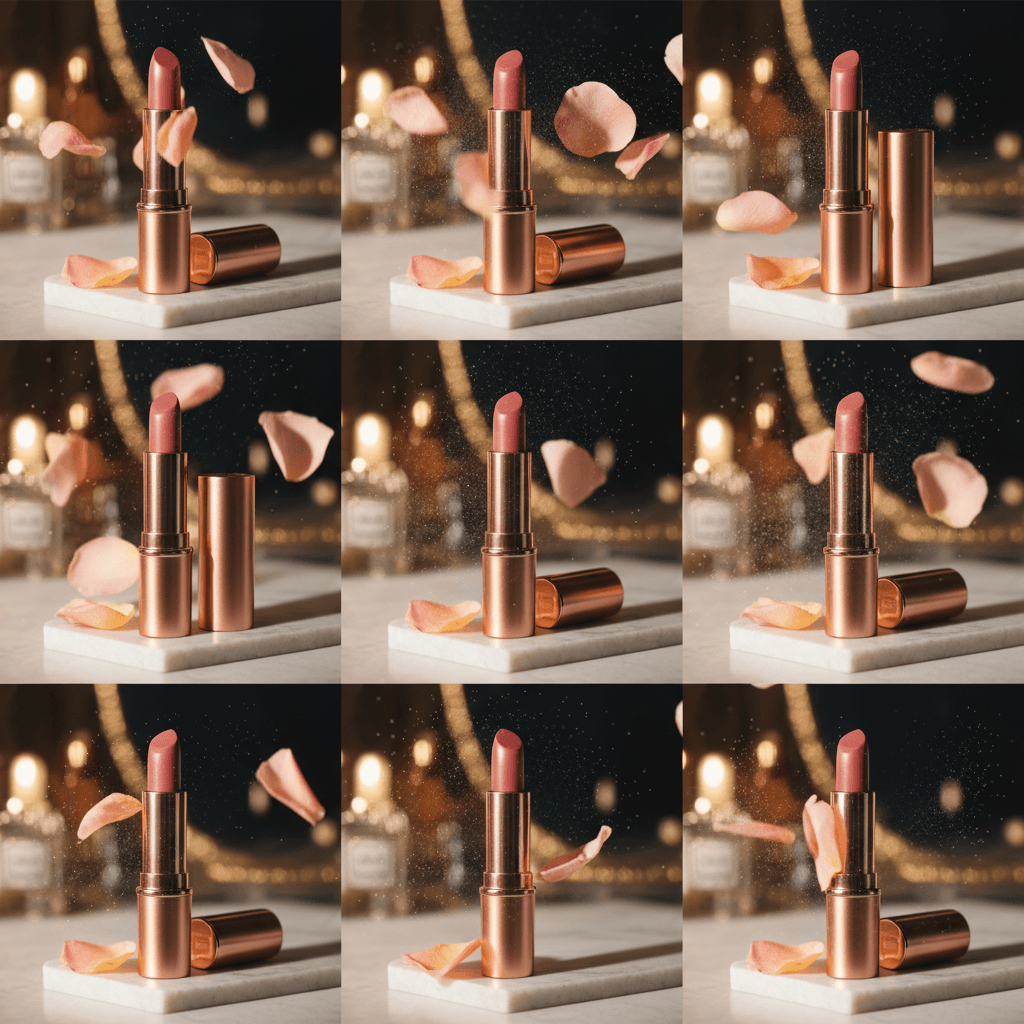 Gemini Image Prompt for product: A single, sophisticated rose-gold lipstick poised vertically...