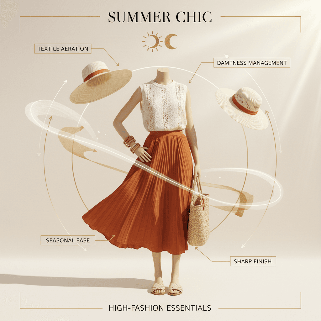 Gemini Image Prompt for other, product: Infographic showcasing a high-fashion summer ensemble, with...