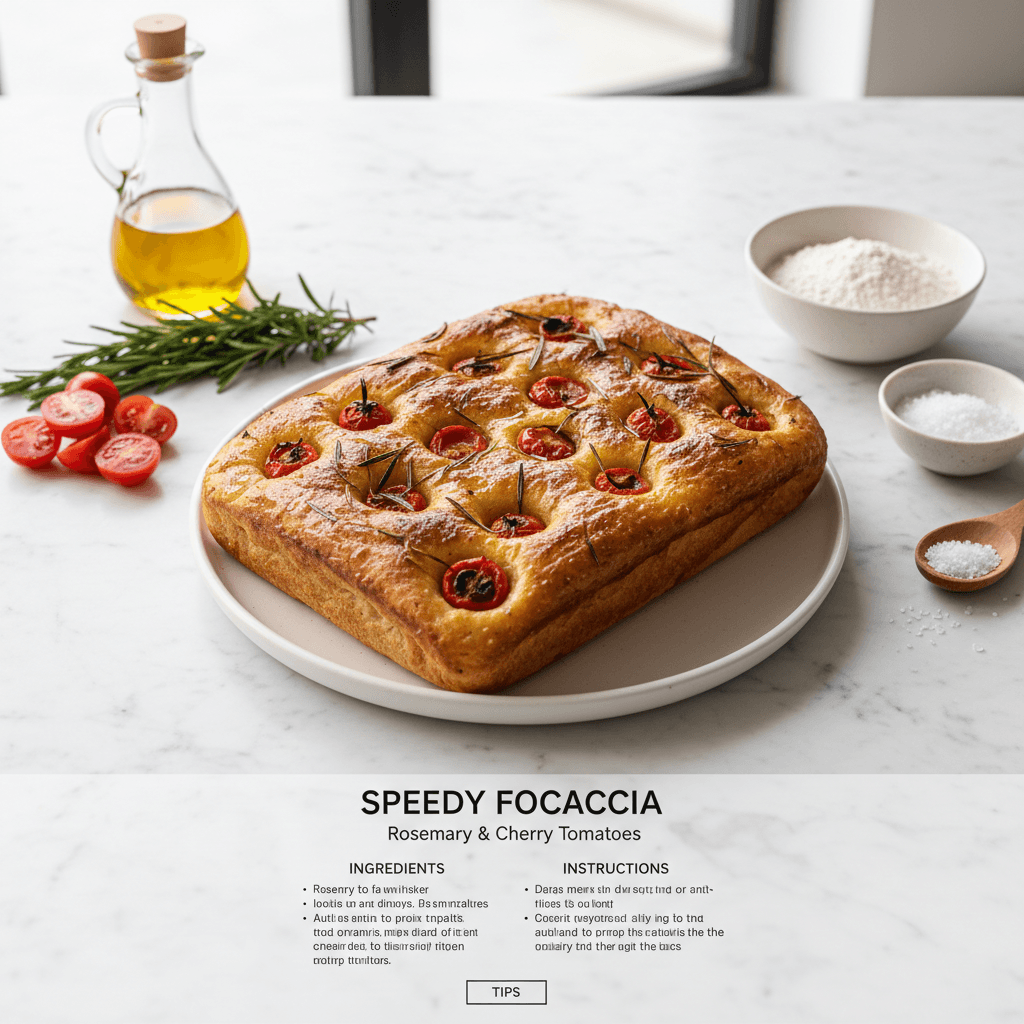 Gemini Image Prompt for json: style: pristine_contemporary, dish: speedy focaccia with...